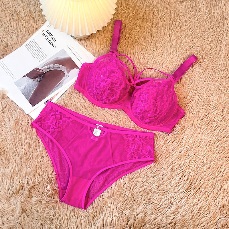Women's Plus-Size Lingerie Set: Floral Lace, Anti-Sagging, Push-Up — Deep-Cup Bra and Panties