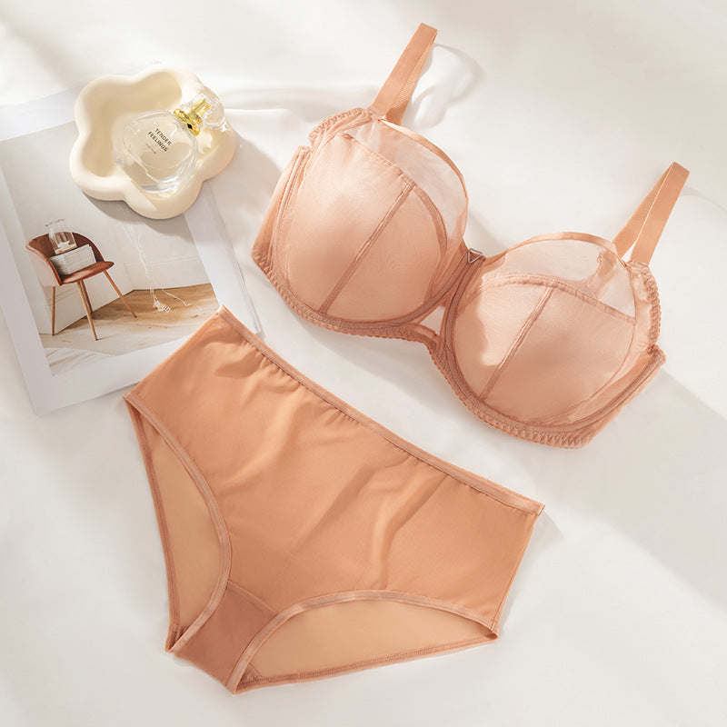 Women's Plus-Size Bra & Panty Set: Push-Up, Floral Lace, Full-Cup Bra; Women's Supportive Mesh & Underwire Lingerie Set (Thin-Cup Style)