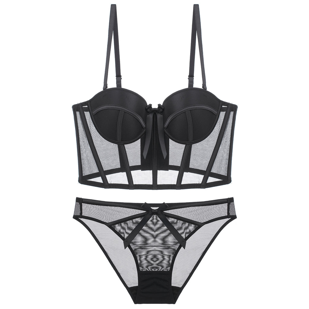 Women's Fashion Two-Piece Lingerie Set with Bow Accents — French-Style Underwear featuring a Longline, Boned, Push-Up Bustier Bra