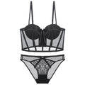 Women's Fashion Two-Piece Lingerie Set with Bow Accents — French-Style Underwear featuring a Longline, Boned, Push-Up Bustier Bra