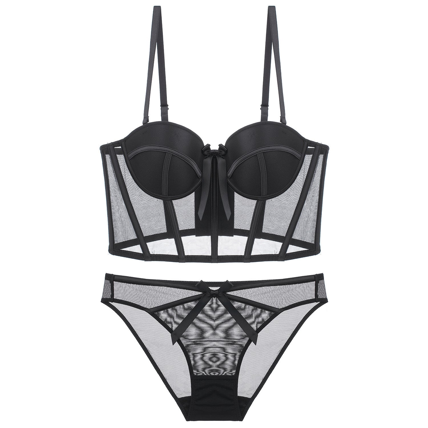Women's Fashion Two-Piece Lingerie Set with Bow Accents — French-Style Underwear featuring a Longline, Boned, Push-Up Bustier Bra