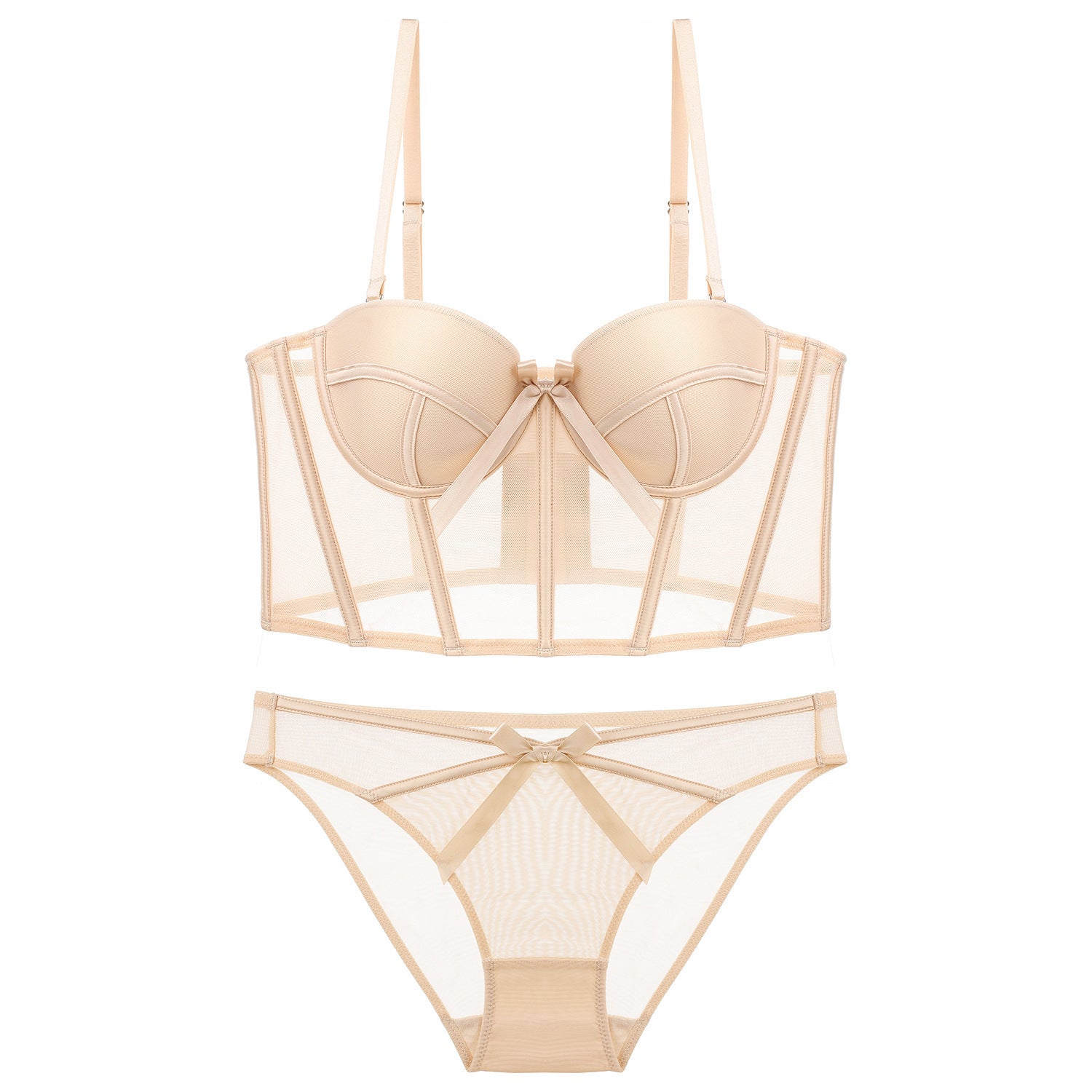 Women's Fashion Two-Piece Lingerie Set with Bow Accents — French-Style Underwear featuring a Longline, Boned, Push-Up Bustier Bra