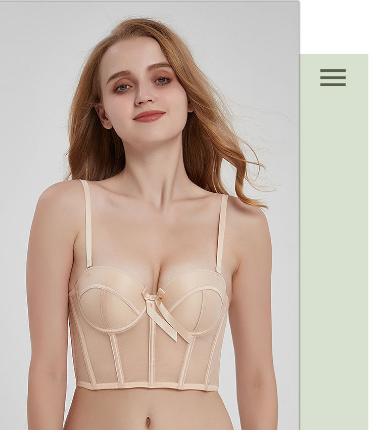 Women's Fashion Two-Piece Lingerie Set with Bow Accents — French-Style Underwear featuring a Longline, Boned, Push-Up Bustier Bra
