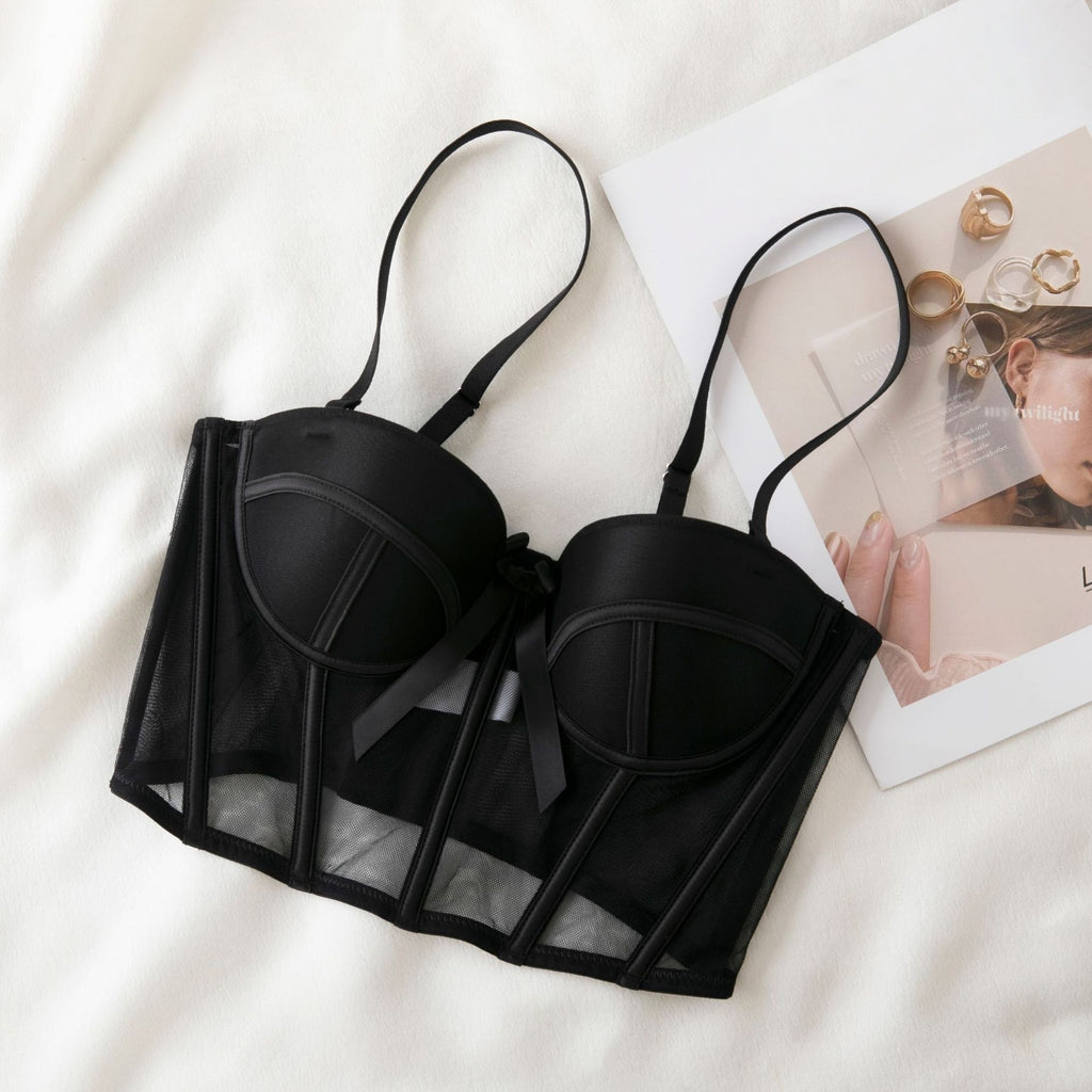Women's Fashion Two-Piece Lingerie Set with Bow Accents — French-Style Underwear featuring a Longline, Boned, Push-Up Bustier Bra