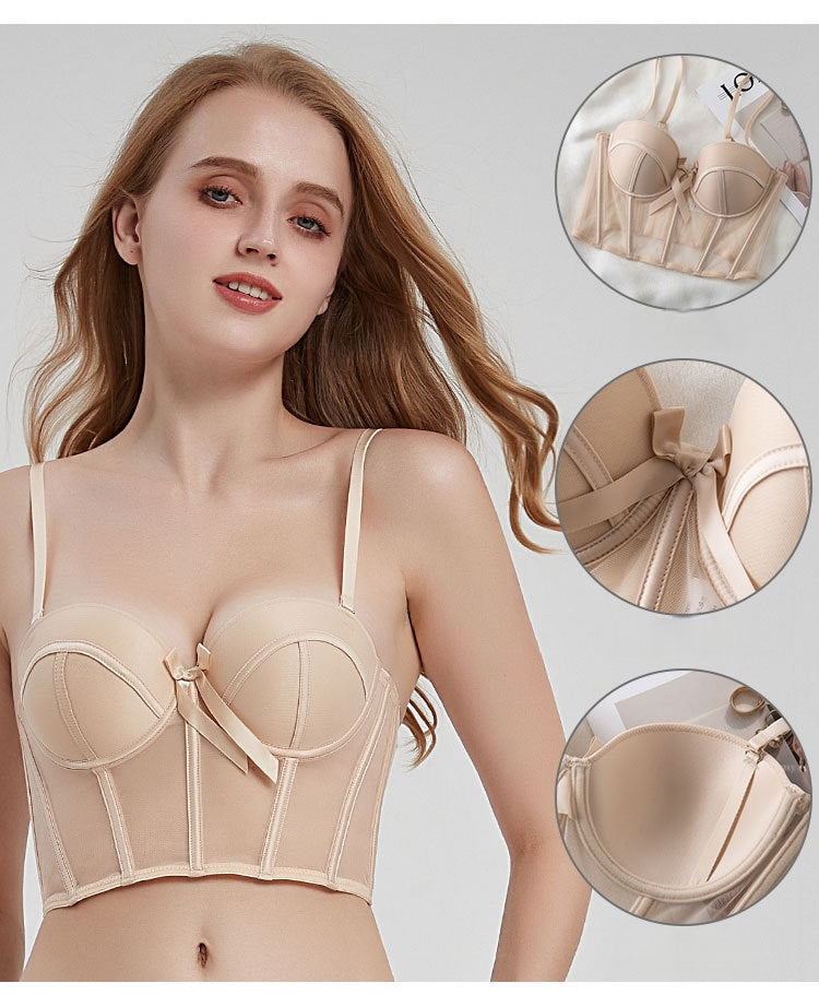 Women's Fashion Two-Piece Lingerie Set with Bow Accents — French-Style Underwear featuring a Longline, Boned, Push-Up Bustier Bra