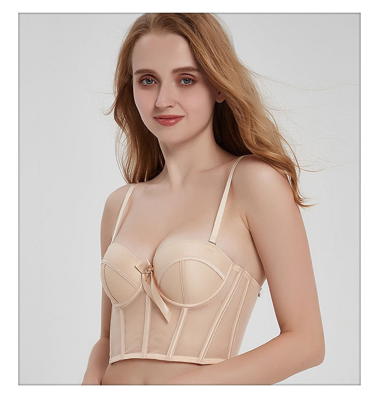 Women's Fashion Two-Piece Lingerie Set with Bow Accents — French-Style Underwear featuring a Longline, Boned, Push-Up Bustier Bra